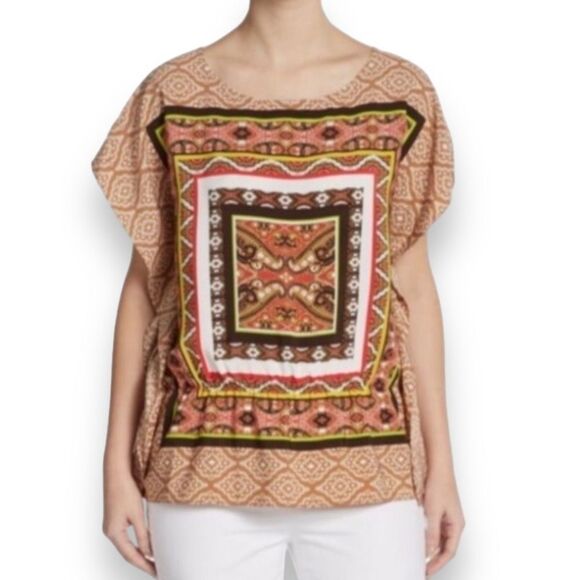 Tan Multicolor Abstract Print Short Sleeve NEW - Picture 1 of 4